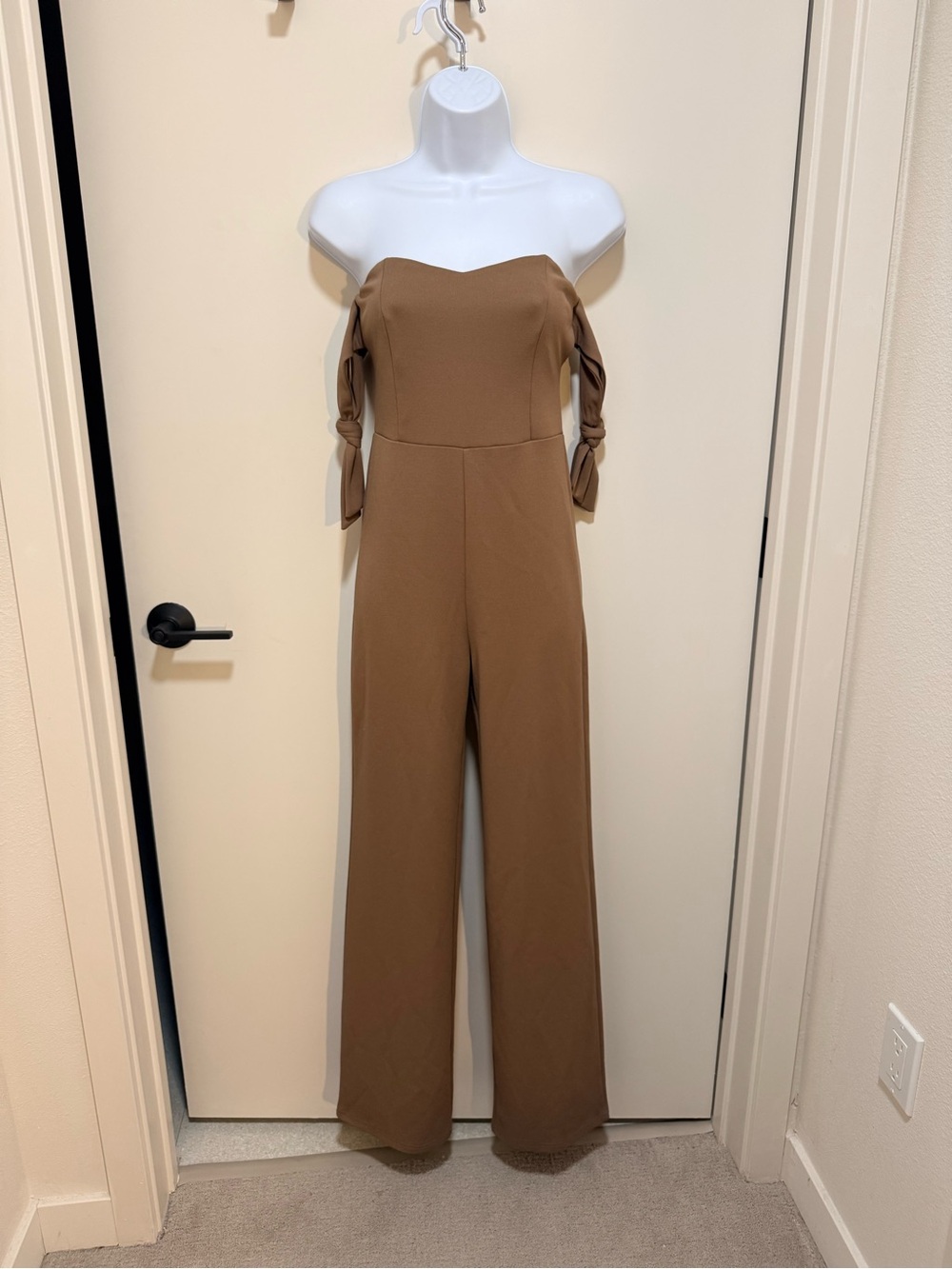 Off-Shoulder Tie-Sleeve Jumpsuit in Brown